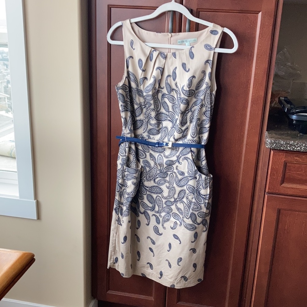 Cleo Beige and Blue Cotton Dress Size 10P NWOT